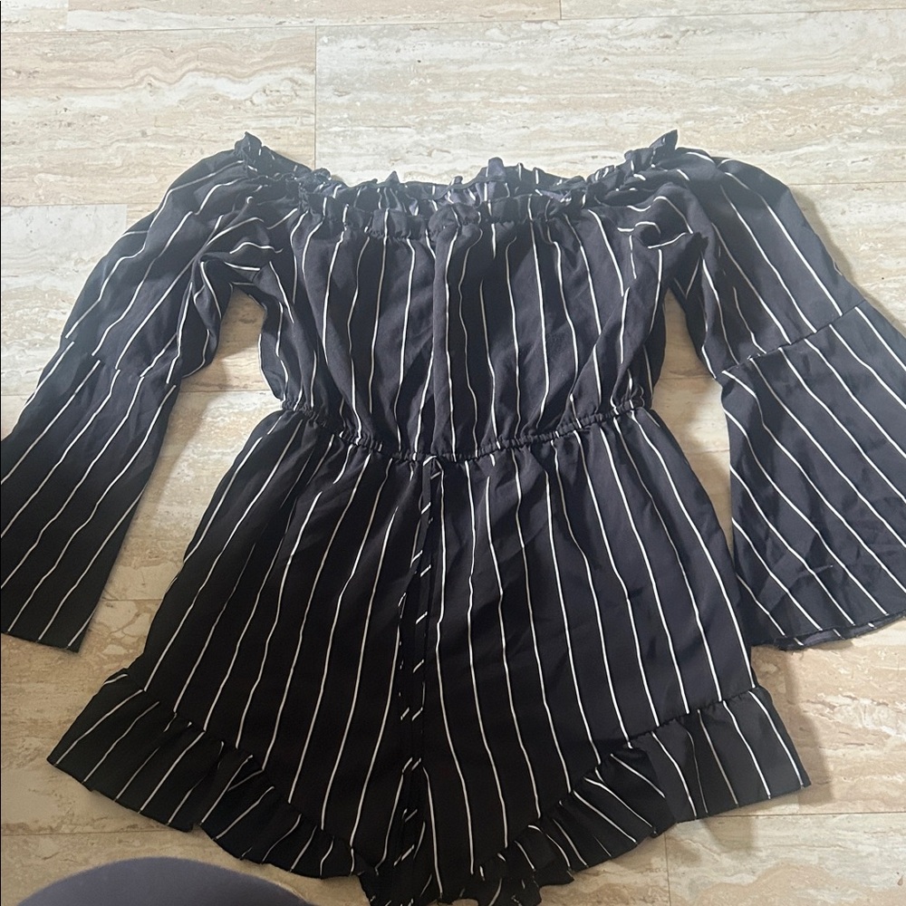 SHEIN Black and White Striped Off-Shoulder Romper
